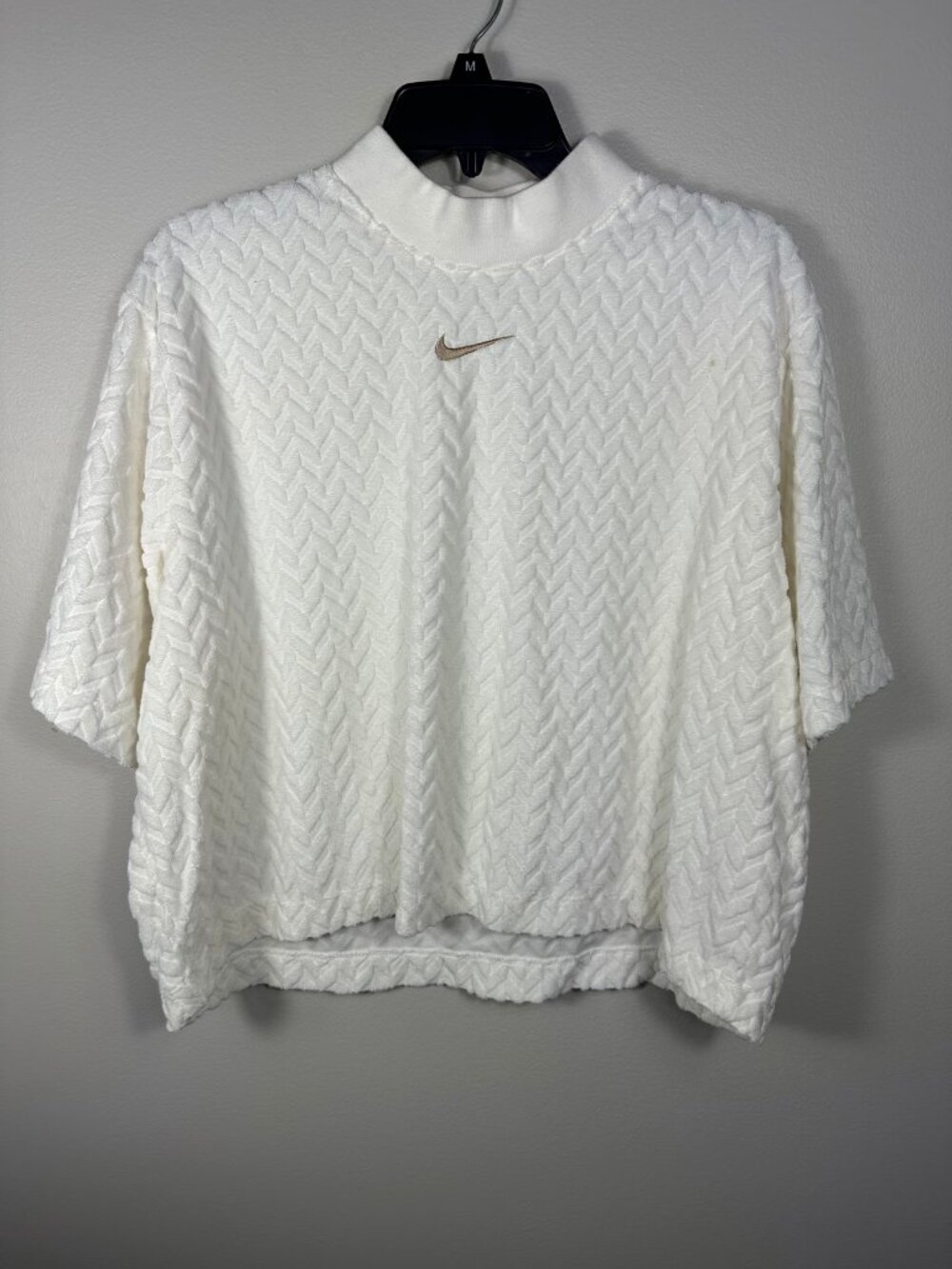 Nike Mock Neck Textured Top White Metallic Swoosh L
